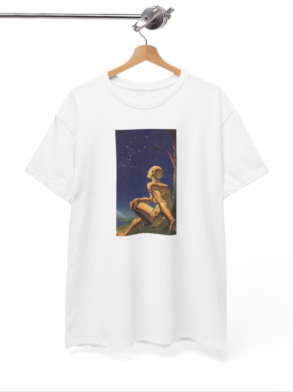 Gildan White Short Sleeve Tee with Golden Robot & Starry Night Print